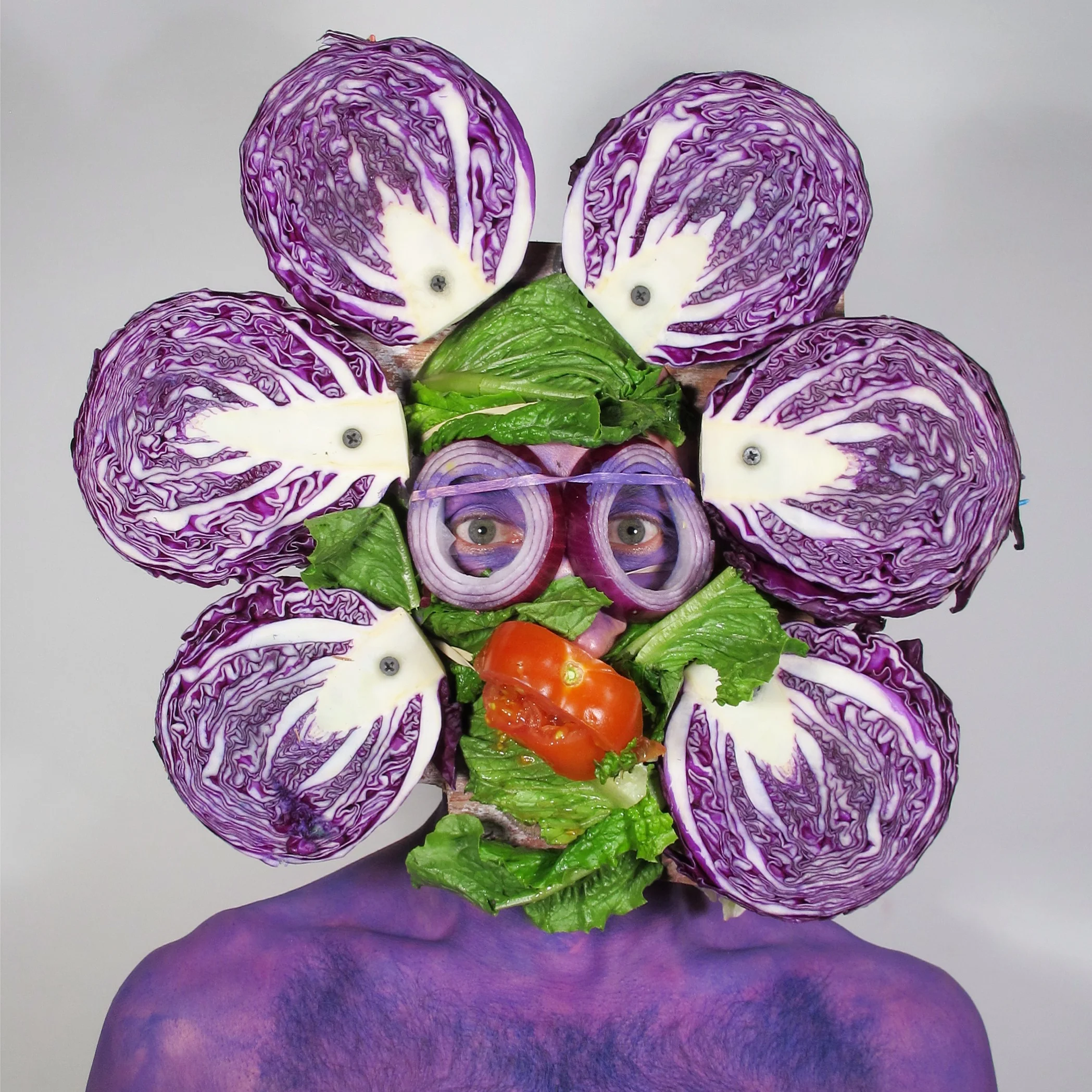 Schitzo Salad Man, Resemblage 2017, 16"x16" ed. of 5