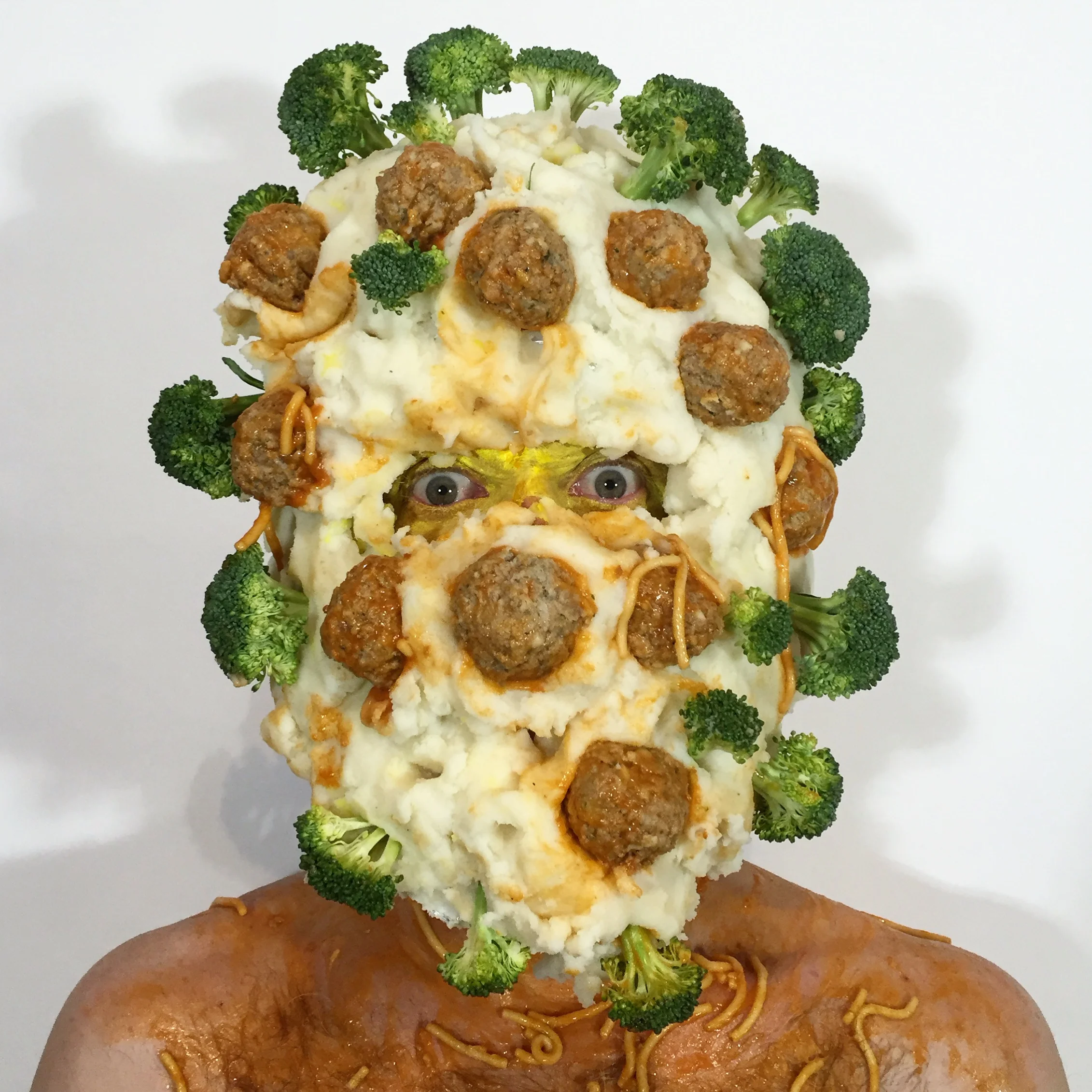 Head Of Mashed Potatoes, Broccoli and Meatballs, resemblage 2016, 16"x16", ed of 5