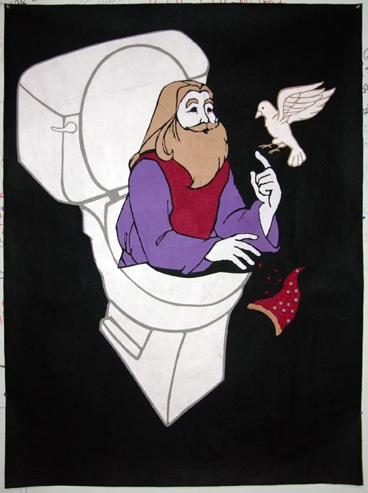 St John With Ascending Slice And Dove, felt fabric banner, 2008. approximately 54" x 38"