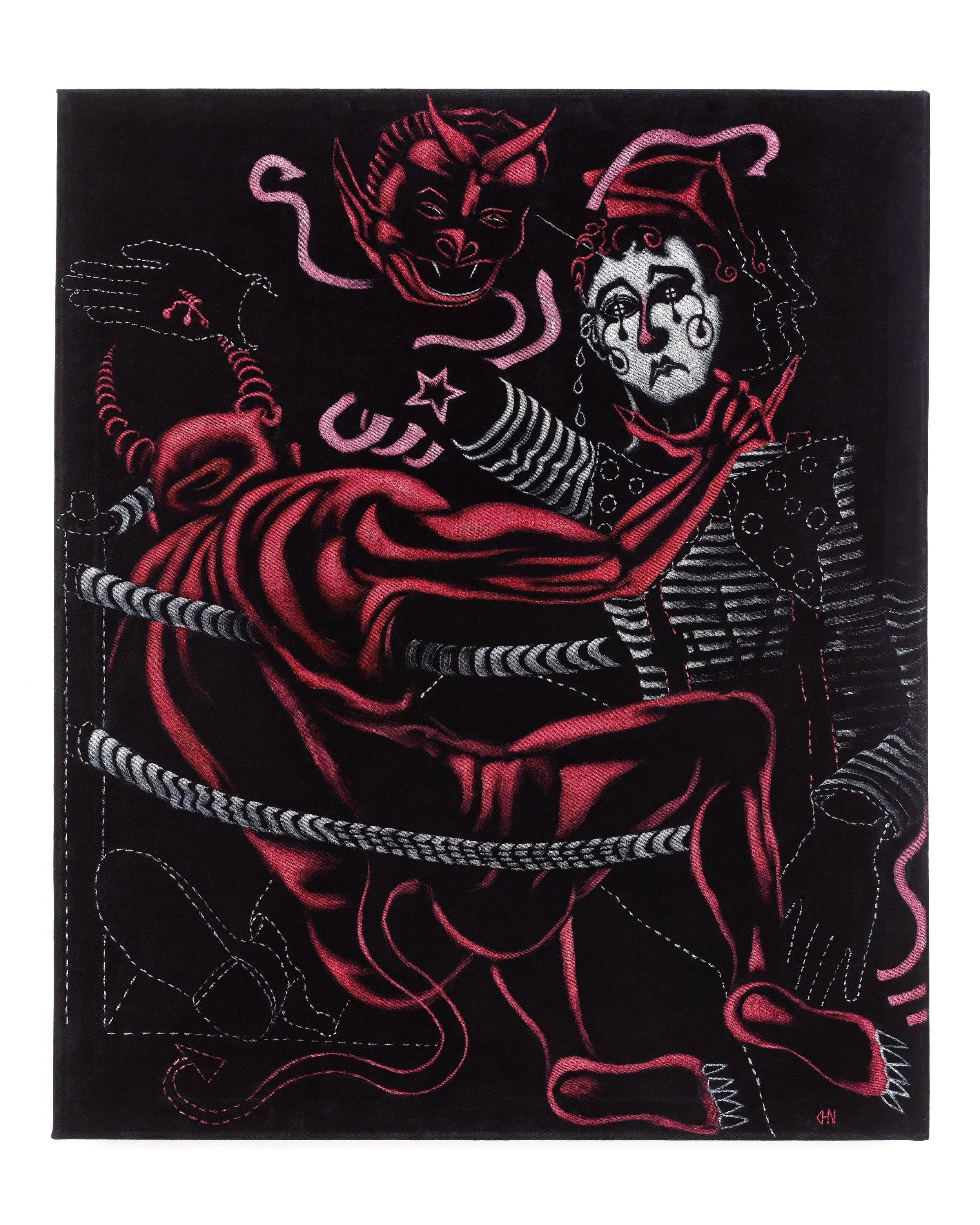 Wrestling My Demons, 36" x 30" black velvet painting, 2025