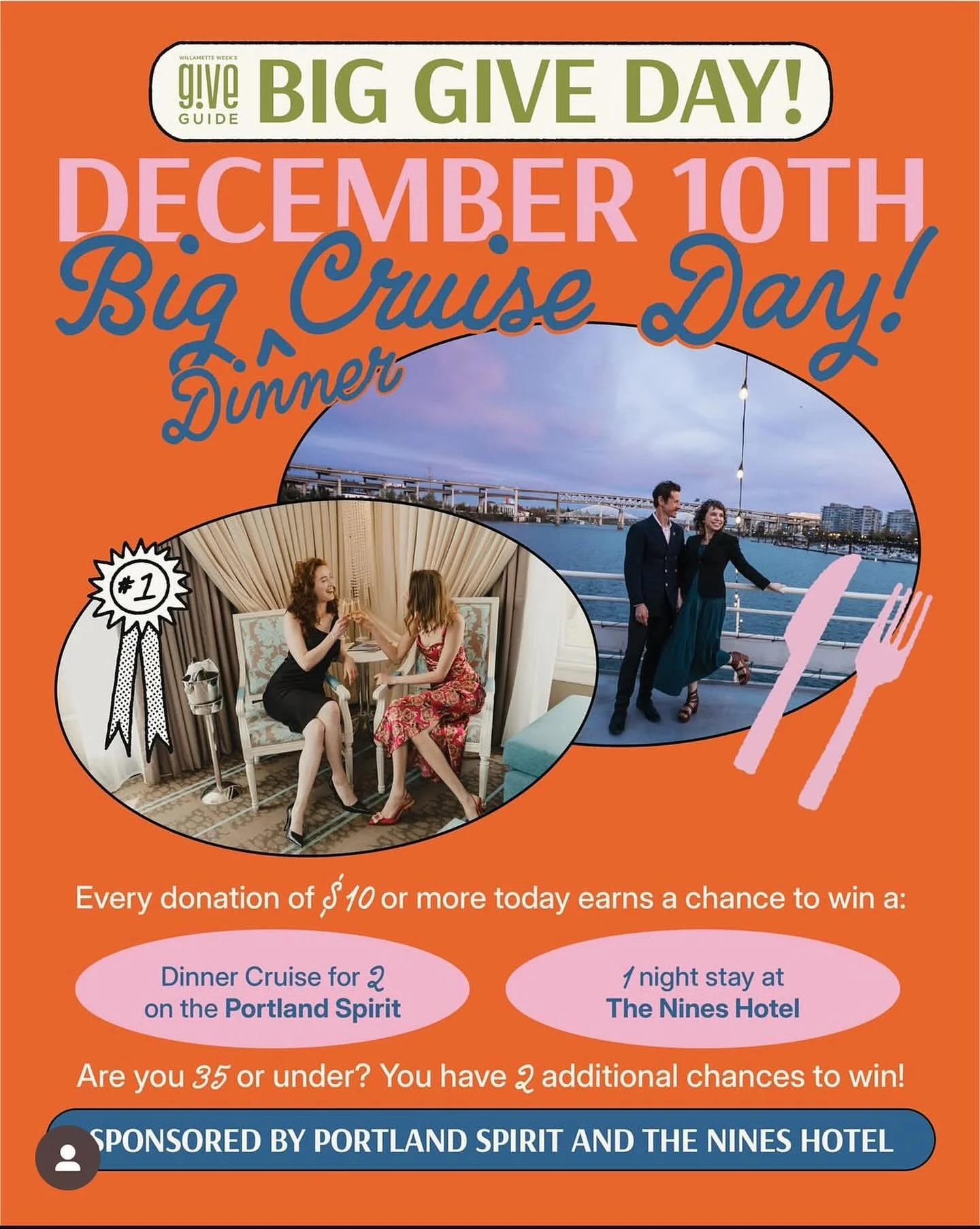 If you could use a little R&amp;R close to home, this Big Give Day might just float your boat.
Donate $10 or more today for a chance to win a dinner cruise for two on the@@portlandspirit, plus a one-night stay at the luxury @thenineshotel in downtown