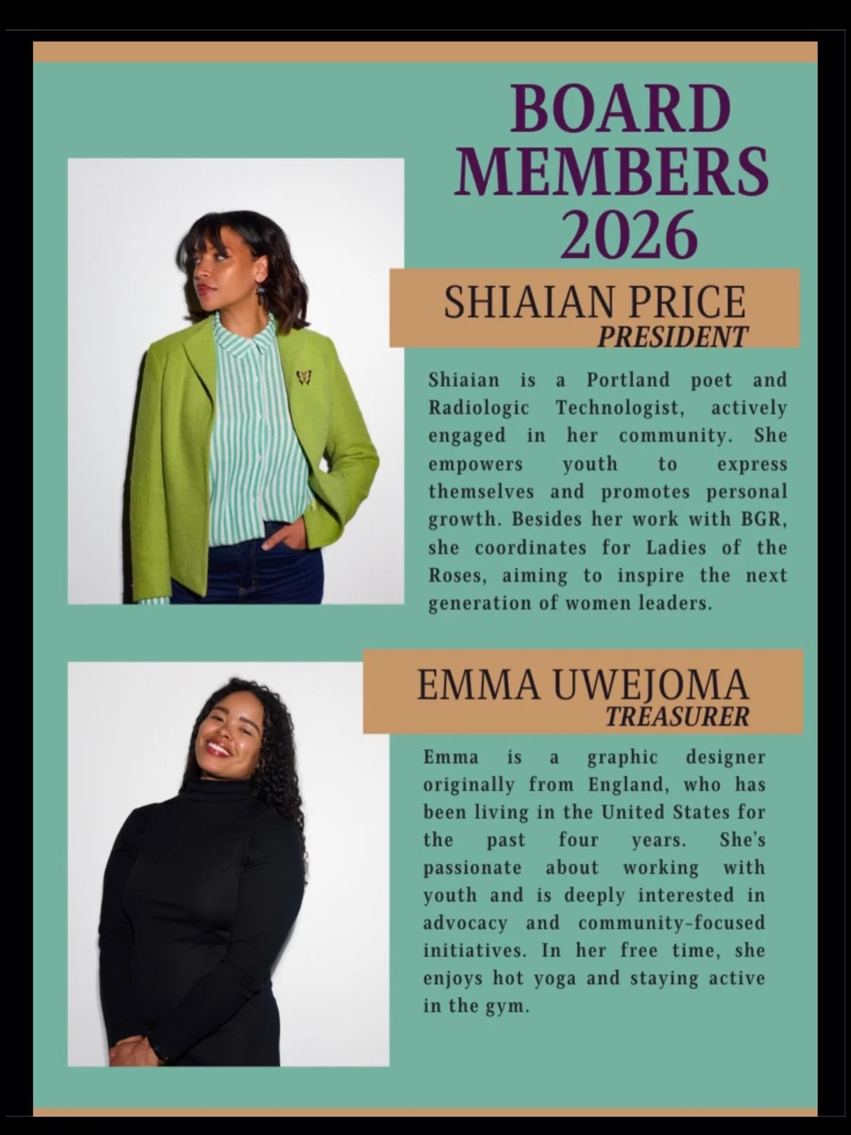 Meet our 2026 board members! 

This collective is dedicated to empowering marginalized youth and representing the BIPOC community in a way that fosters positive change for future generations. 

Stay tuned to see what BGR has in store for the summer !