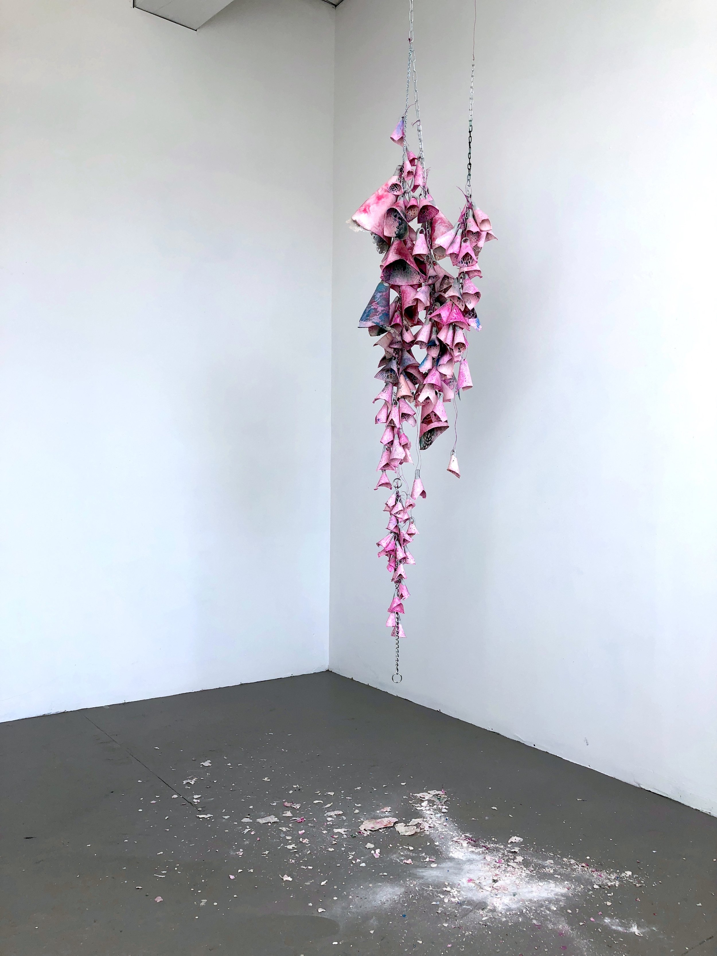    Strawberry Vomiting  , 2018 Aquaresin, epoxy clay, lace, link chain, wire, acrylic, spray paint, tar gel and scent 96x104x16 inches 