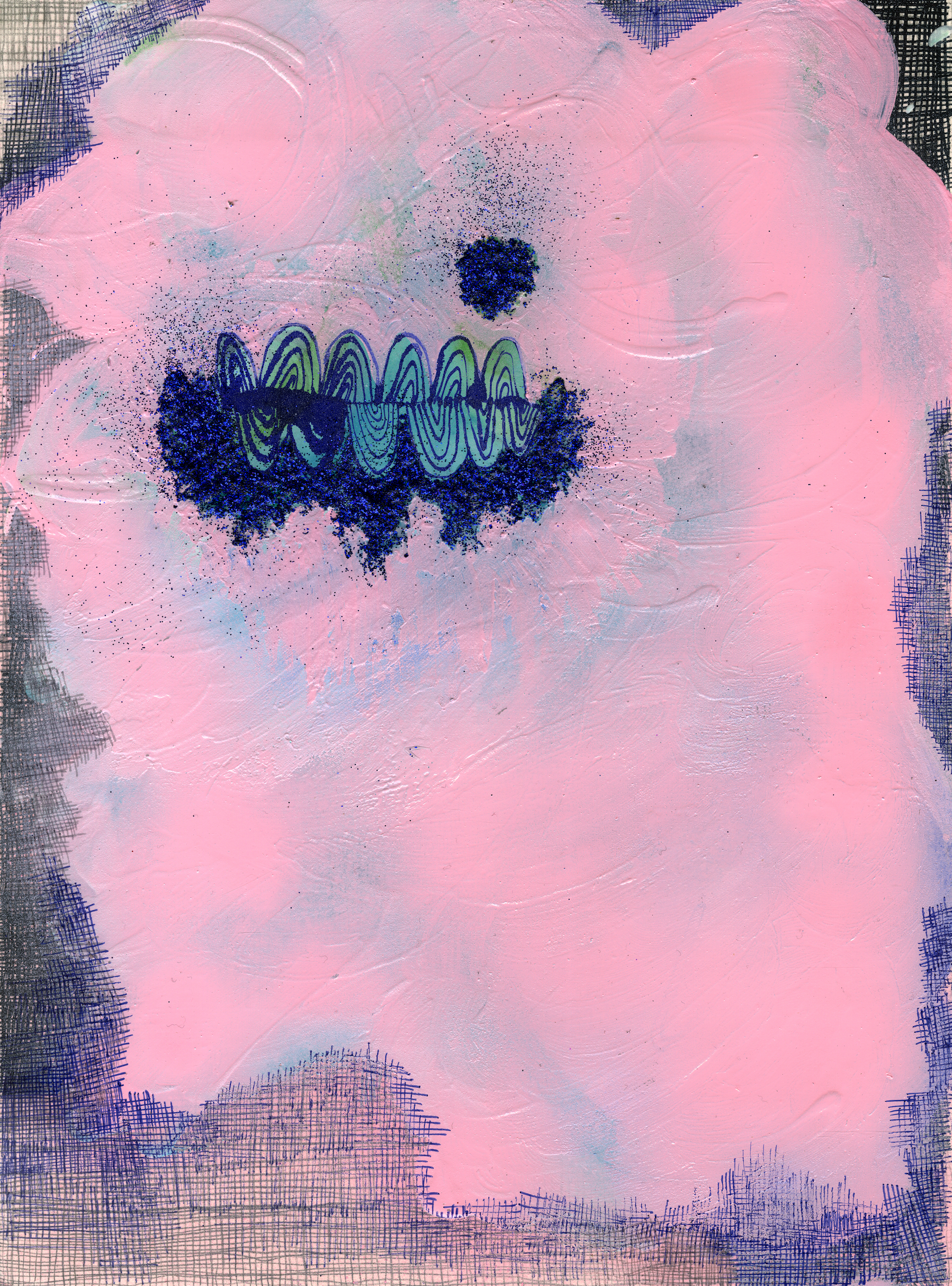    Teeth Refrigerator  , 2016 ink, sharpie, graphite, watercolor, spray paint, absorbent ground, glitter and tar gel on paper 12×9 inches 