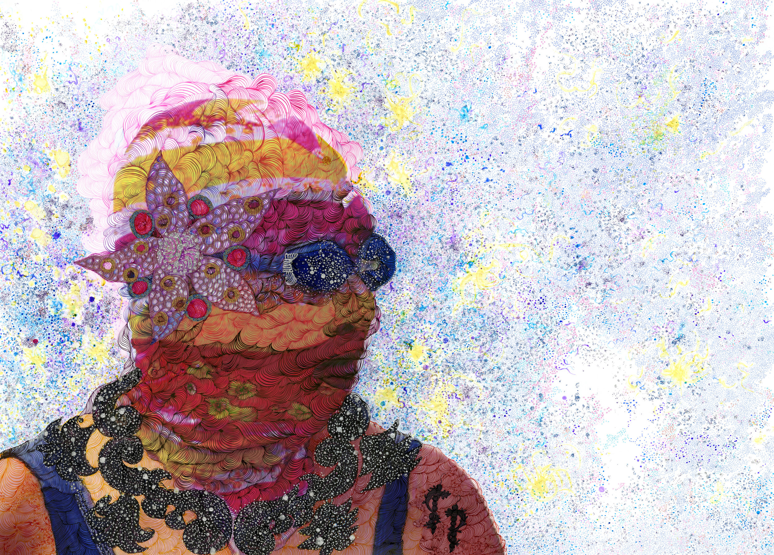    Oxymoron  , 2015 Ink, color pencil, glitter, flashe, and marker on digital photo collage 19.5 x 27.5 inches 