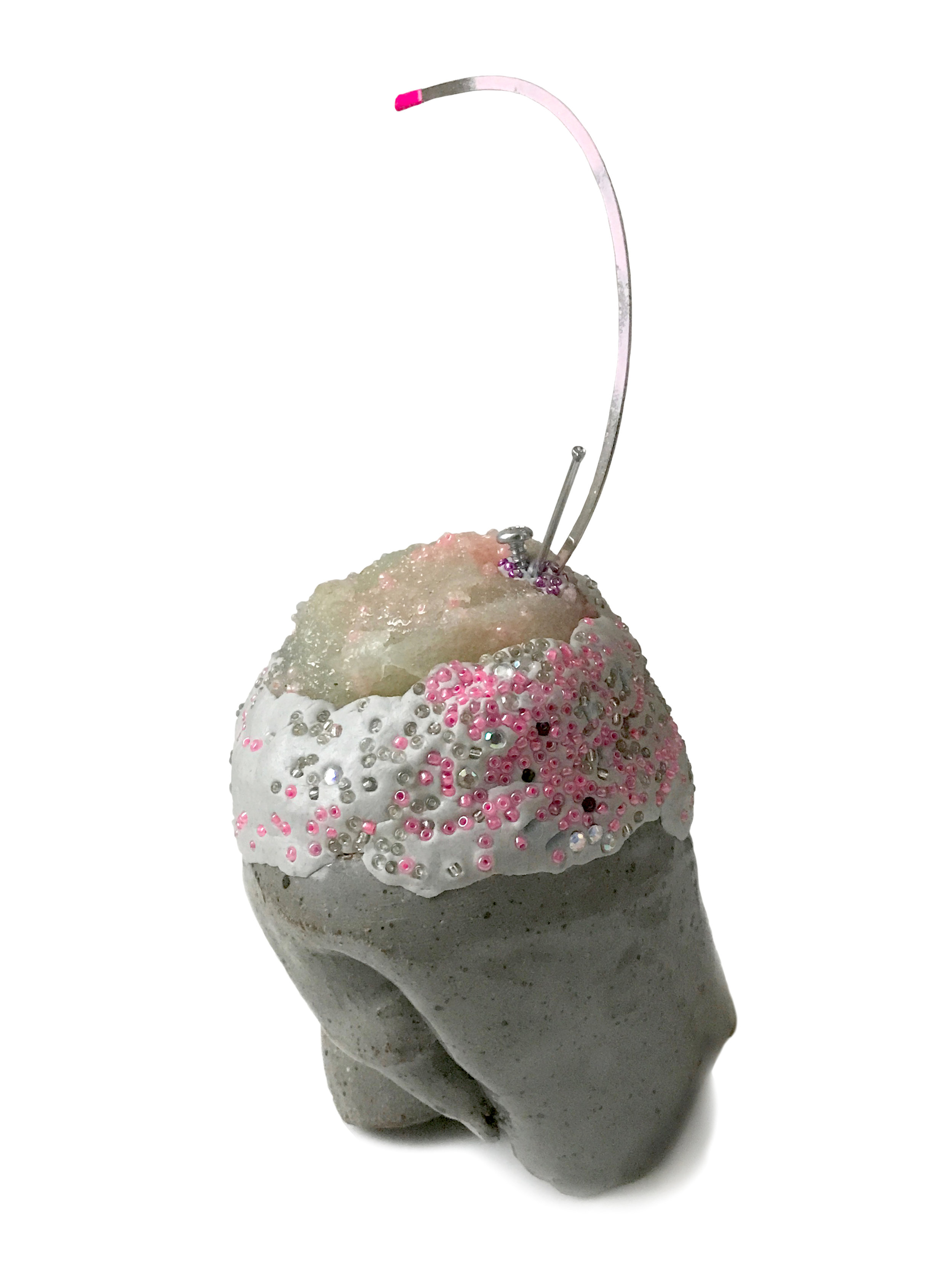    Just Bitten  , 2017 Glazed ceramic, sheetrock compound gel, epoxy clay, bead, nail, wire, screw, spray paint and enamel paint 6x3x3.5 inches 