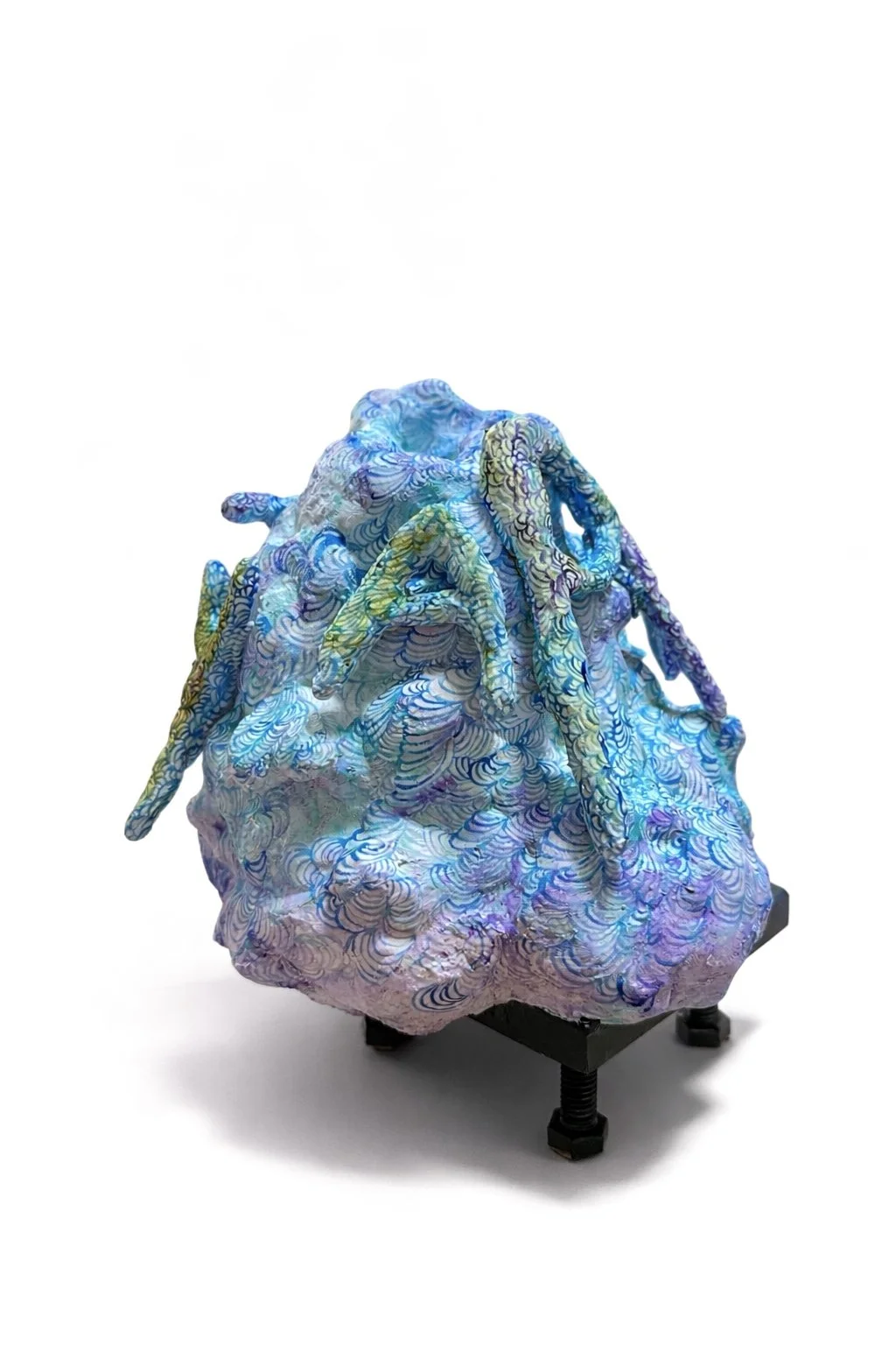    Apricity  , 2026 Epoxy clay, spray foam, plastic bottle, plaster paint, acrylic paint, enamel paint, stone, washer and bolt 7.5 × 8 × 8 inches 