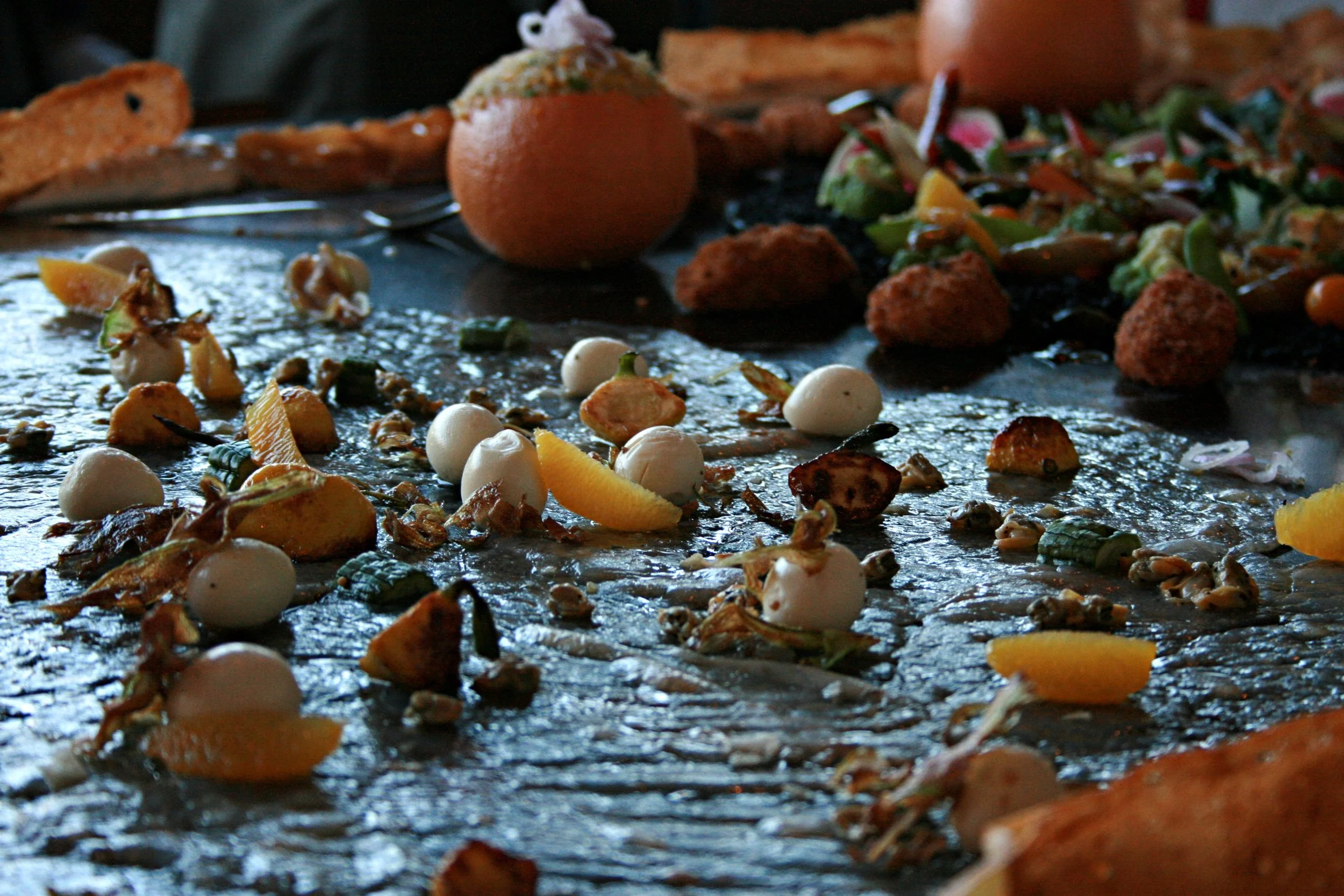 Silky silver carpaccio, topped with piclkled toppings.