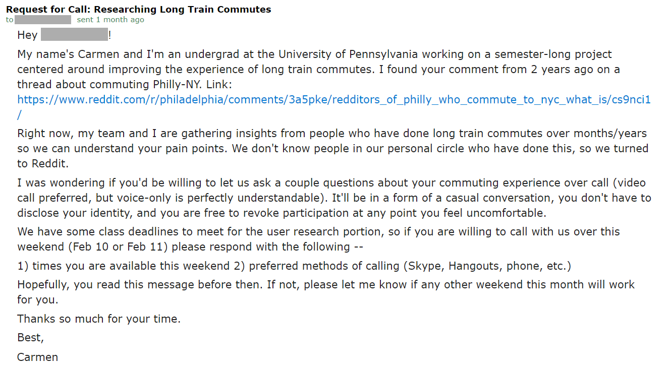Reaching out to Redditors on the Amtrak subreddit.