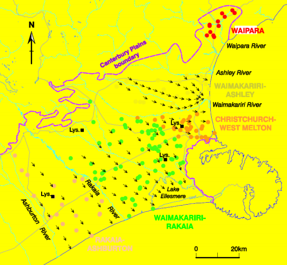 Well sampling sites and inferred shallow groundwater flow directions for each of the five Canterbury Plains aquifers.  Source