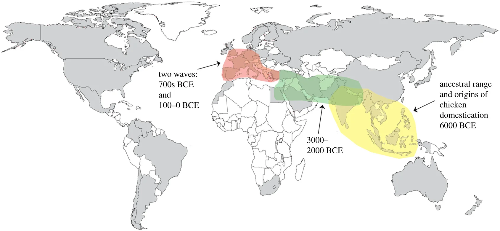 Figure 2.   Industrial broiler production and archaeological record of domestic chickens in the Old World. Colour key: grey: countries with industrial broiler production (vertical integration systems); white: countries with no industrial production, but chicken meat is consumed. Countries with vertical integration systems have been reported in the literature, or they produce large volumes of chicken meat (greater than 500 000 tonnes yr−1 from 2013 to 2014 [  6  ])