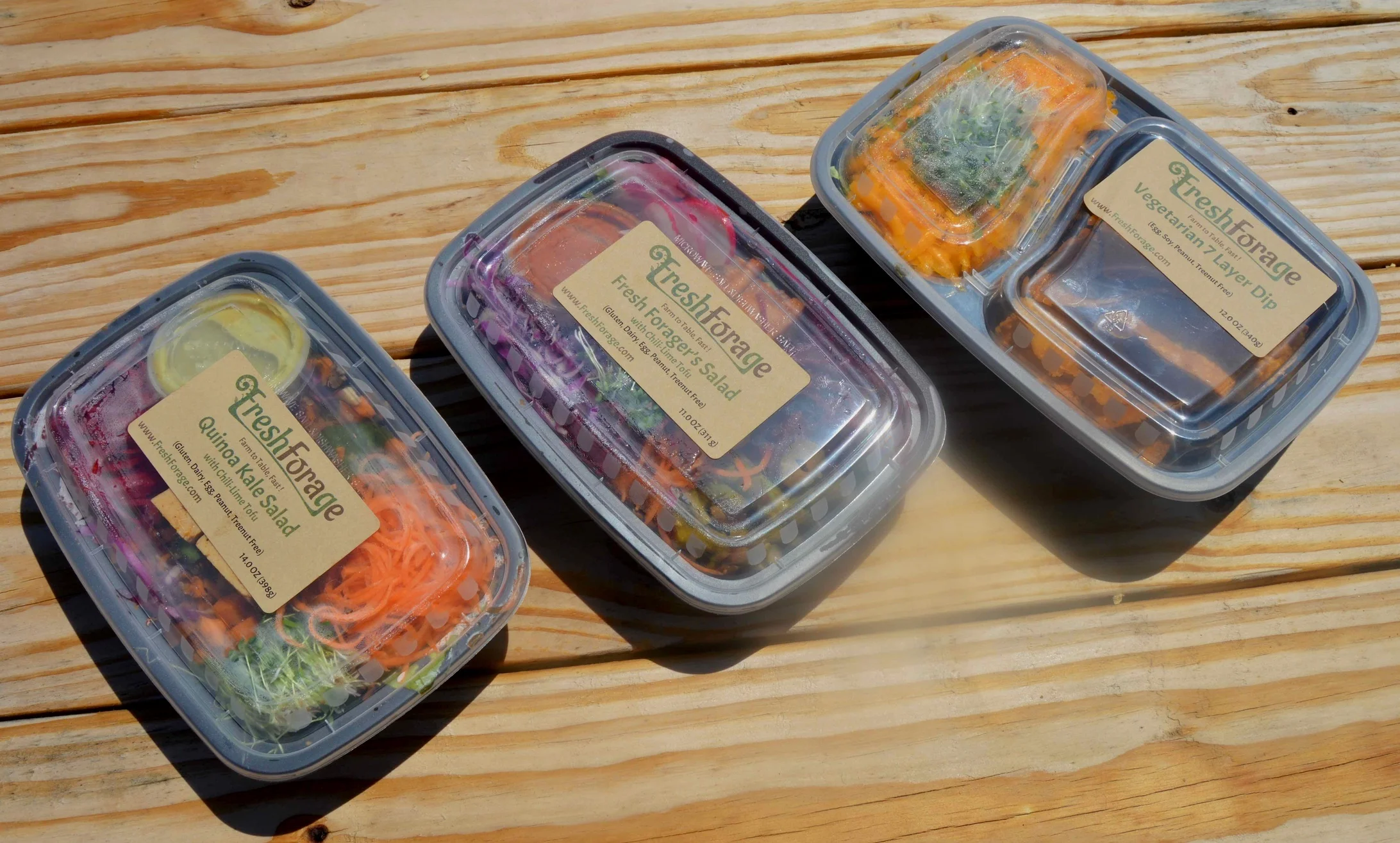 From left to right: Quinoa Kale Salad, Fresh Forager’s Salad, Vegetarian 7 Layer Dip w/ Chips