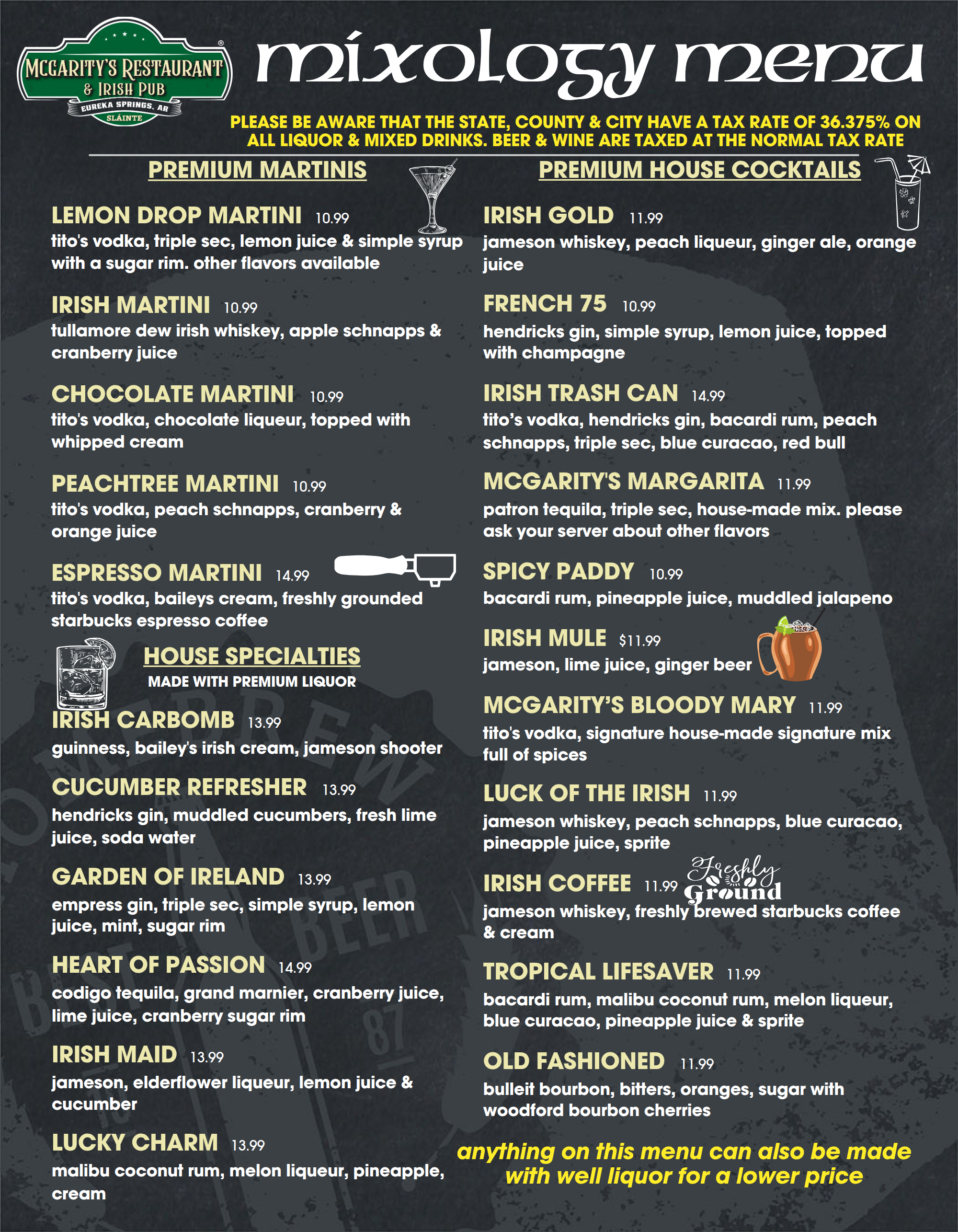 A menu titled 'Mixology Menu' from McGarity's Restaurant & Irish Pub in Eureka Springs, AR, listing cocktails, martinis, and house specialties with prices, including Lemon Drop Martini, Irish Martini, Chocolate Martini, Peach Tree Martini, Espresso M
