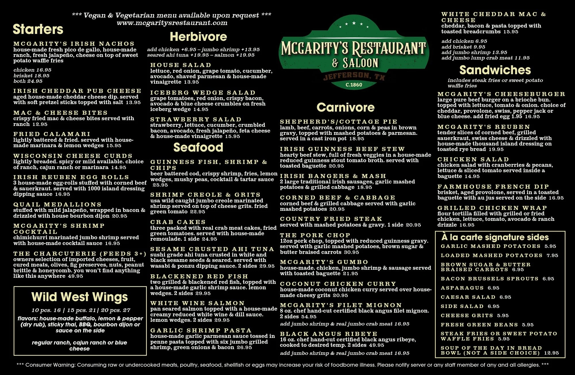 Jefferson Menu — McGarity's Restaurant & Saloon