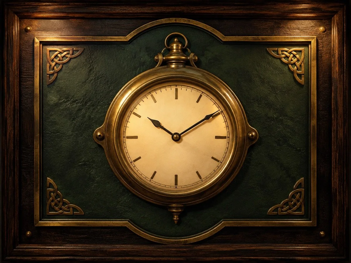 Antique brass clock in an emerald green Celtic pub frame representing McGarity’s Restaurant & Irish Pub hours.