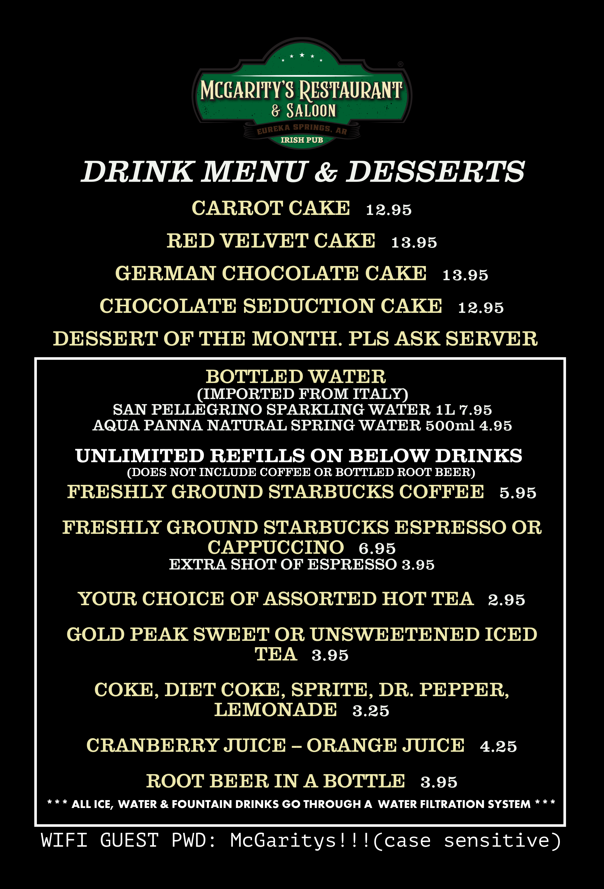 Eureka Springs menu — McGarity's Restaurant & Saloon