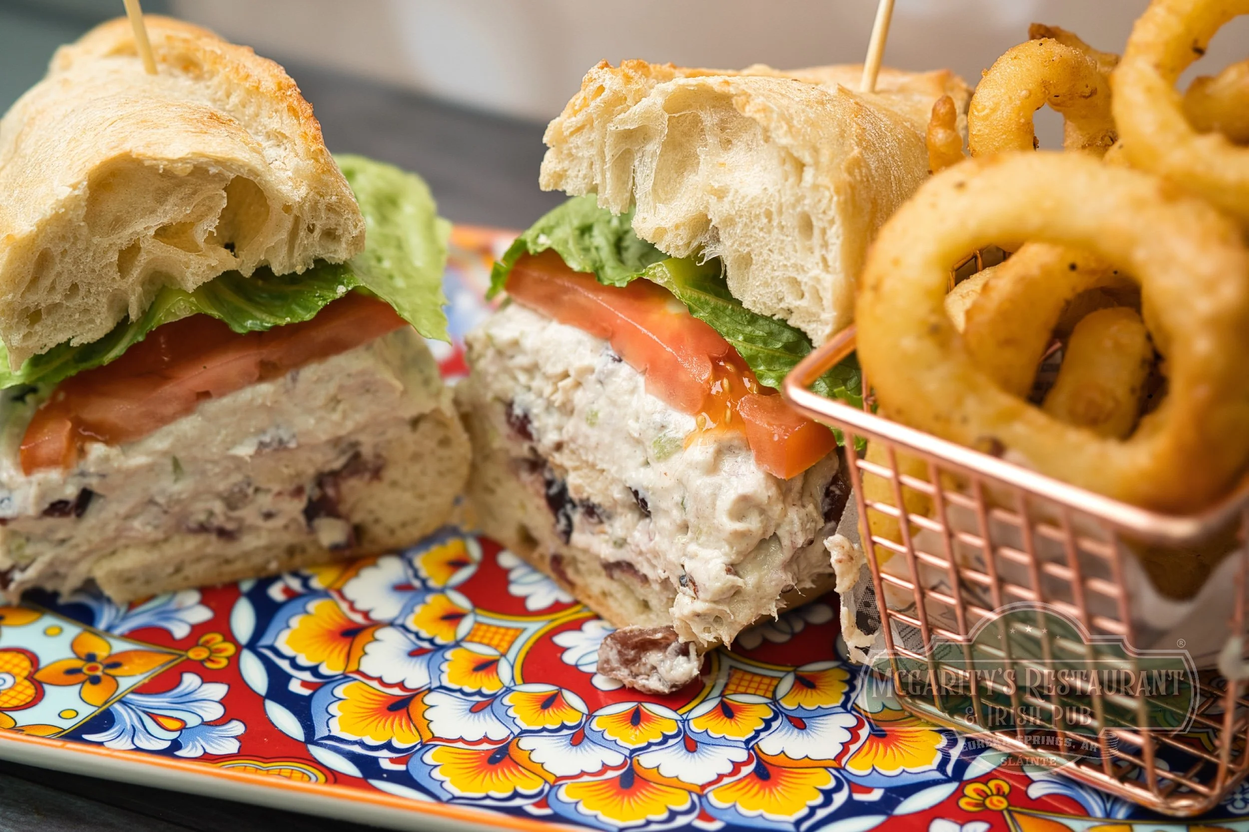 Chicken Salad Sandwich with onion rings at McGarity’s in Eureka Springs.