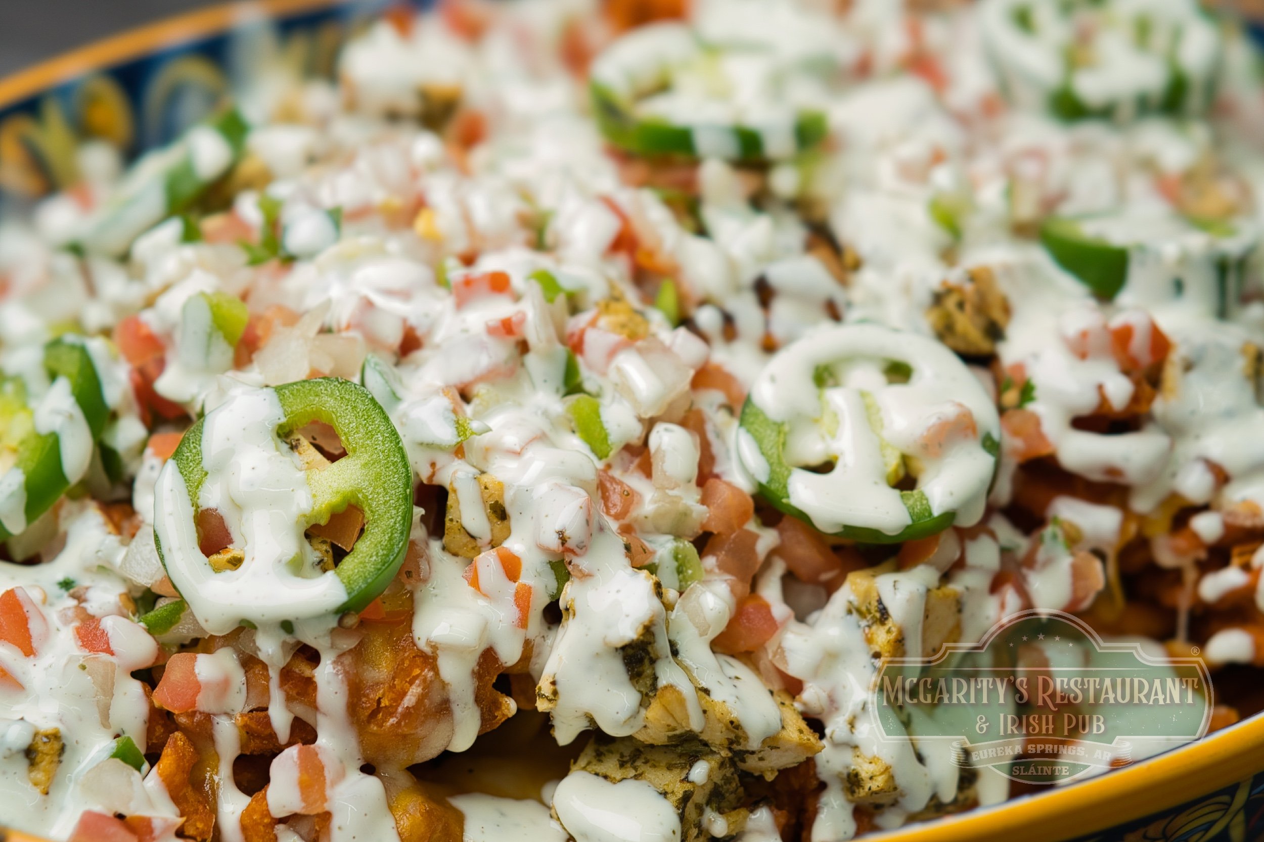 Irish Nachos with grilled chicken and sweet potato waffle fries at McGarity’s in Eureka Springs.