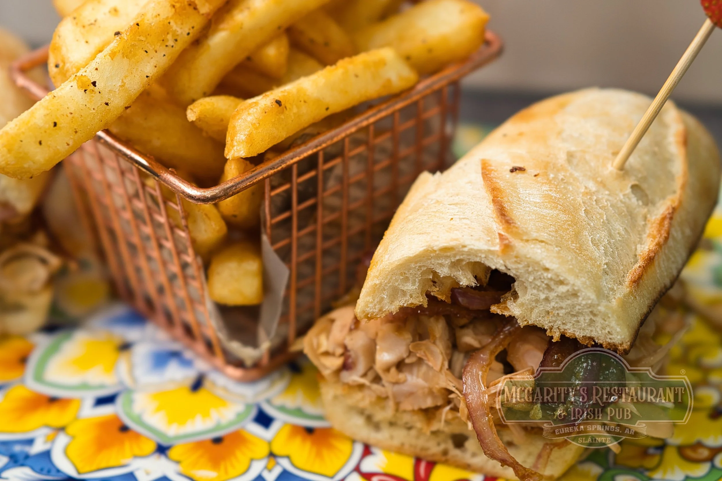 Limerick Vegan French Dip with seasoned French fries at McGarity’s in Eureka Springs.