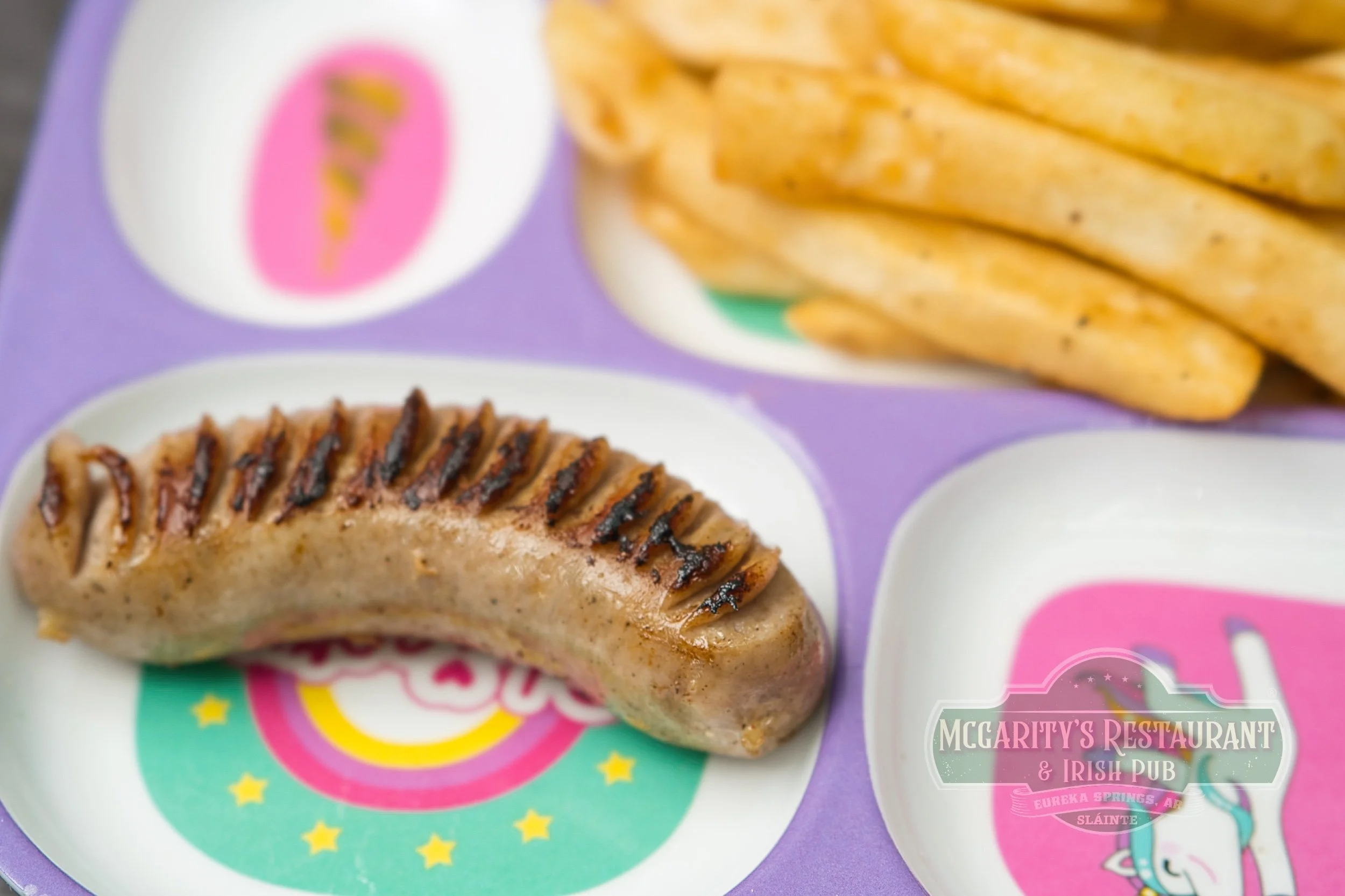 Kids' Irish Sausage with seasoned French fries at McGarity’s in Eureka Springs.