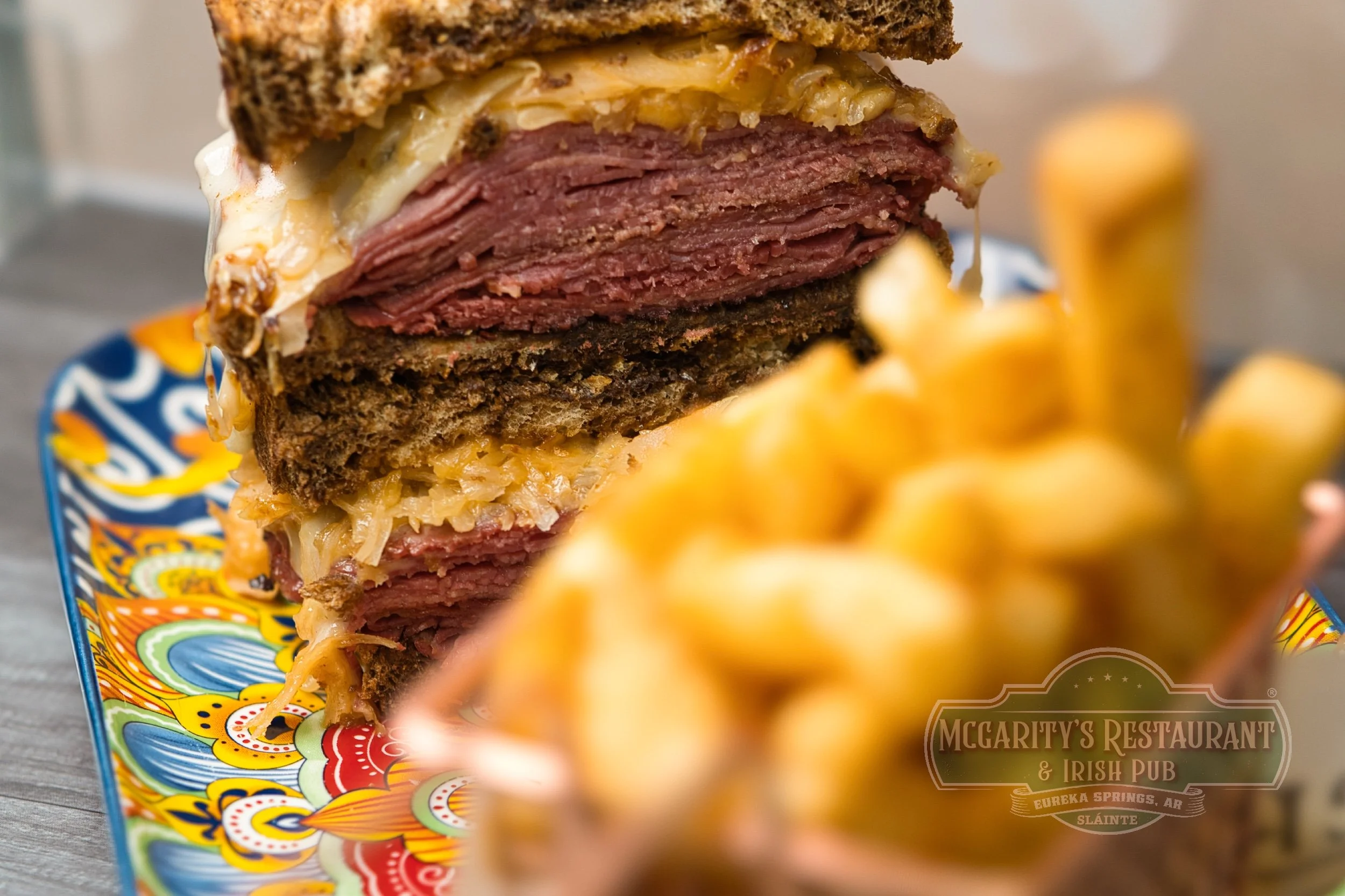 Reuben with marbled rye and seasoned French fries at McGarity’s in Eureka Springs.