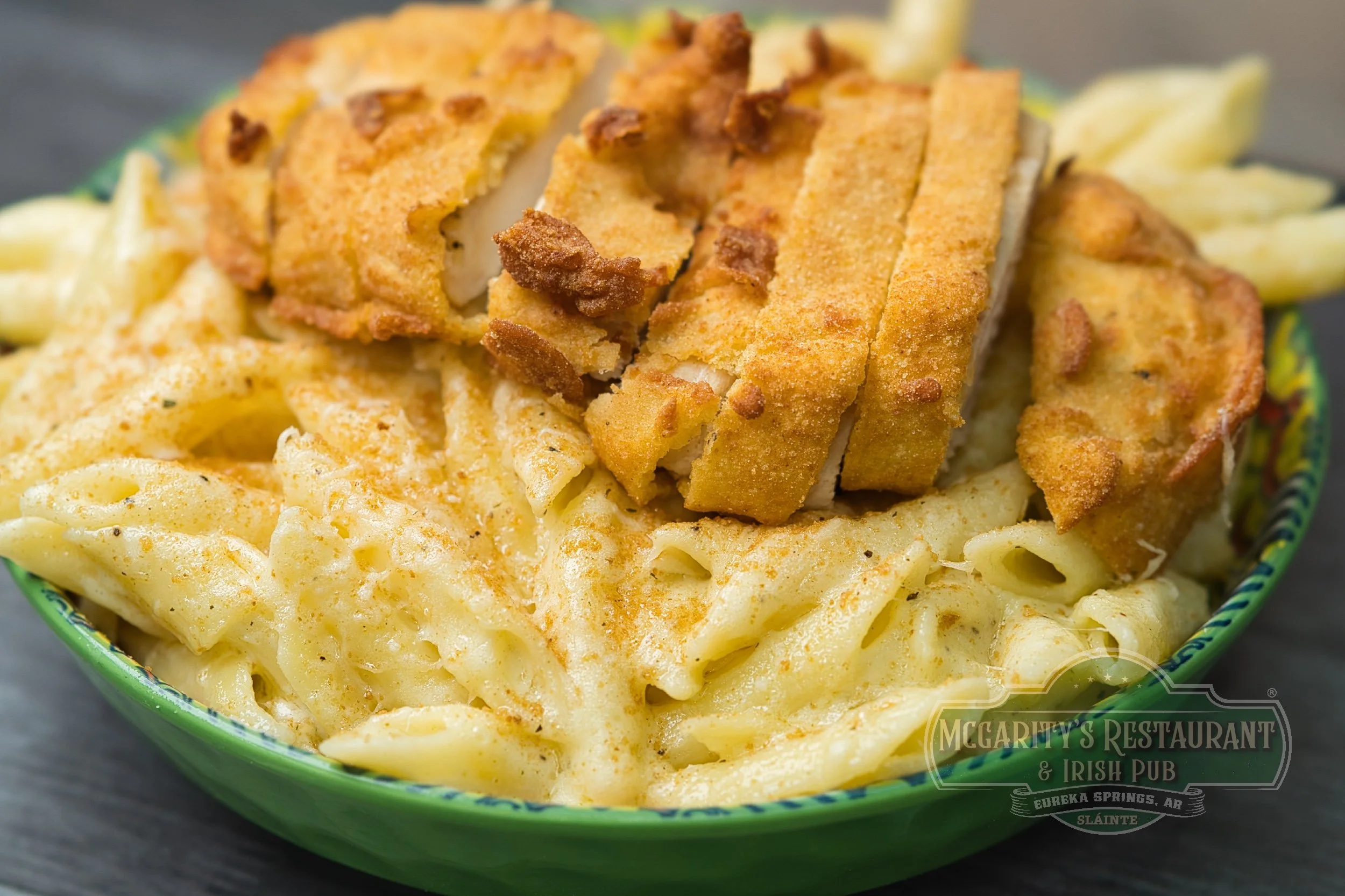 White Cheddar Mac and Cheese with fried chicken at McGarity’s in Eureka Springs.