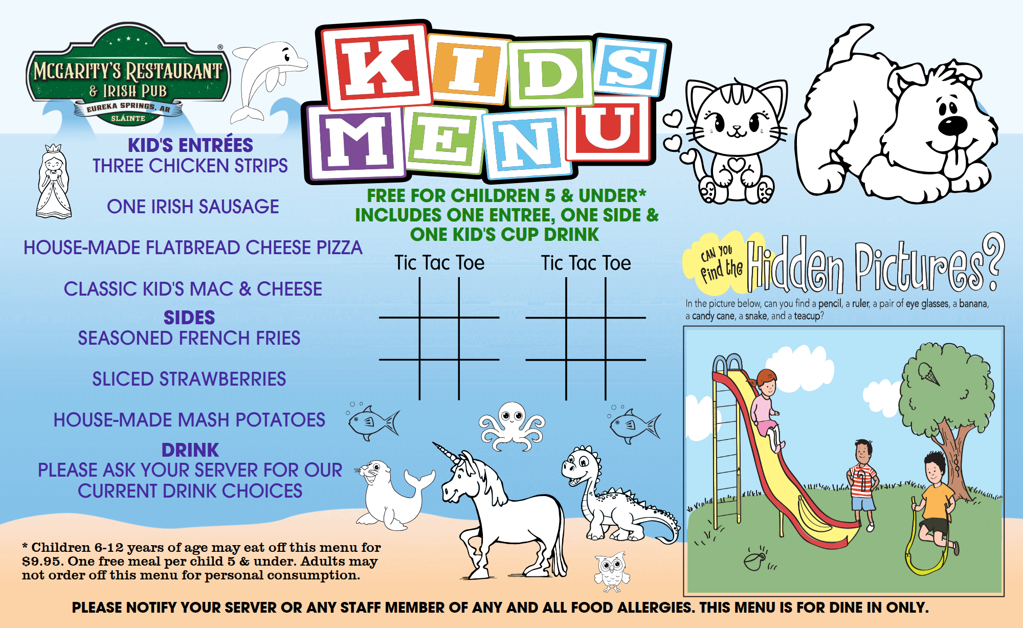 Kids' menu with a maze, hidden picture puzzle, and list of kid's entrees, sides, and drinks at McGarity's Restaurant & Saloon, featuring cartoon cats and a playground scene.