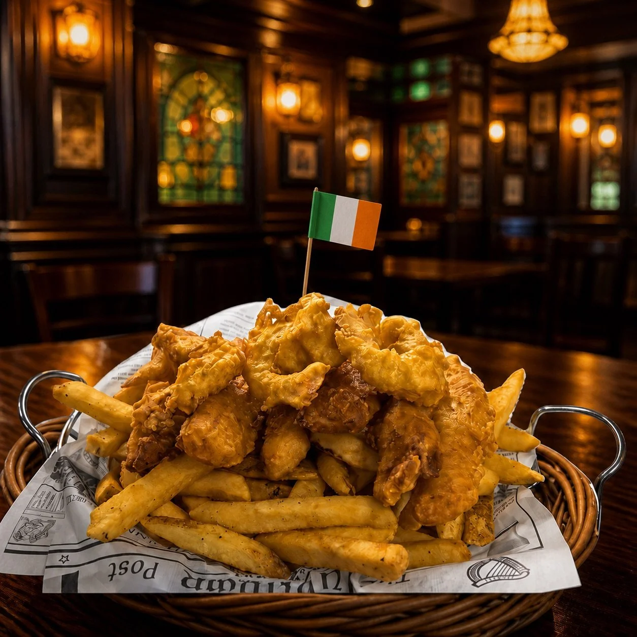 McGarity’s fish and chips with shrimp and an Irish flag in a warm Irish pub.