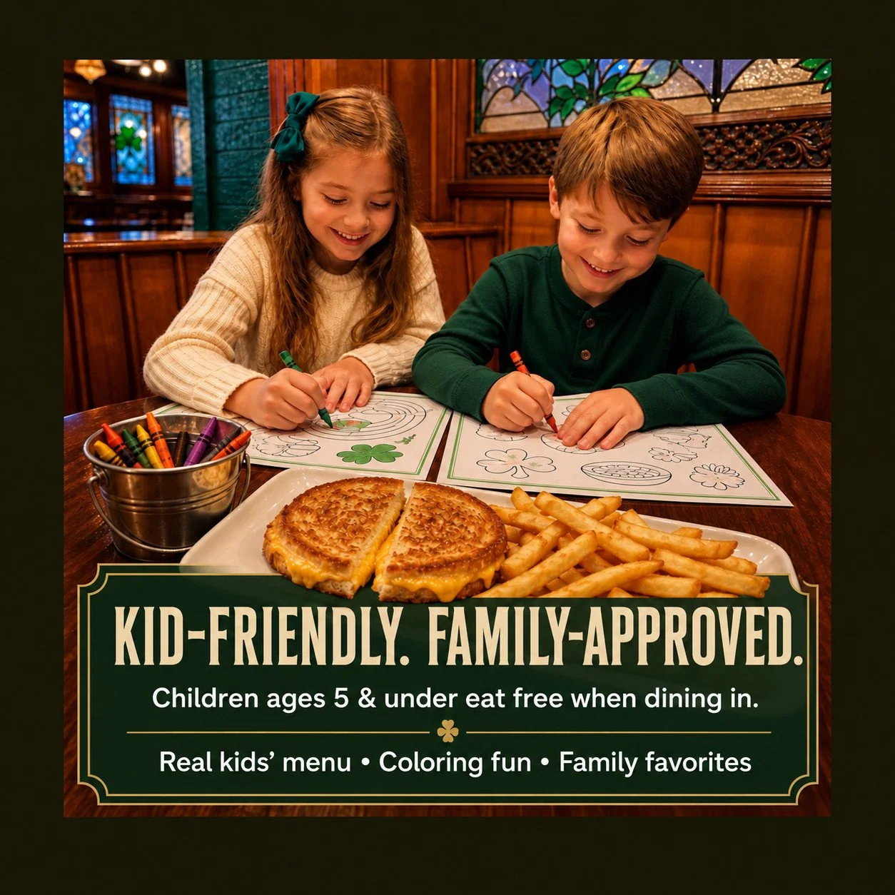 Children coloring beside round grilled cheese and fries at McGarity’s. Children ages 5 and under eat free when dining in.