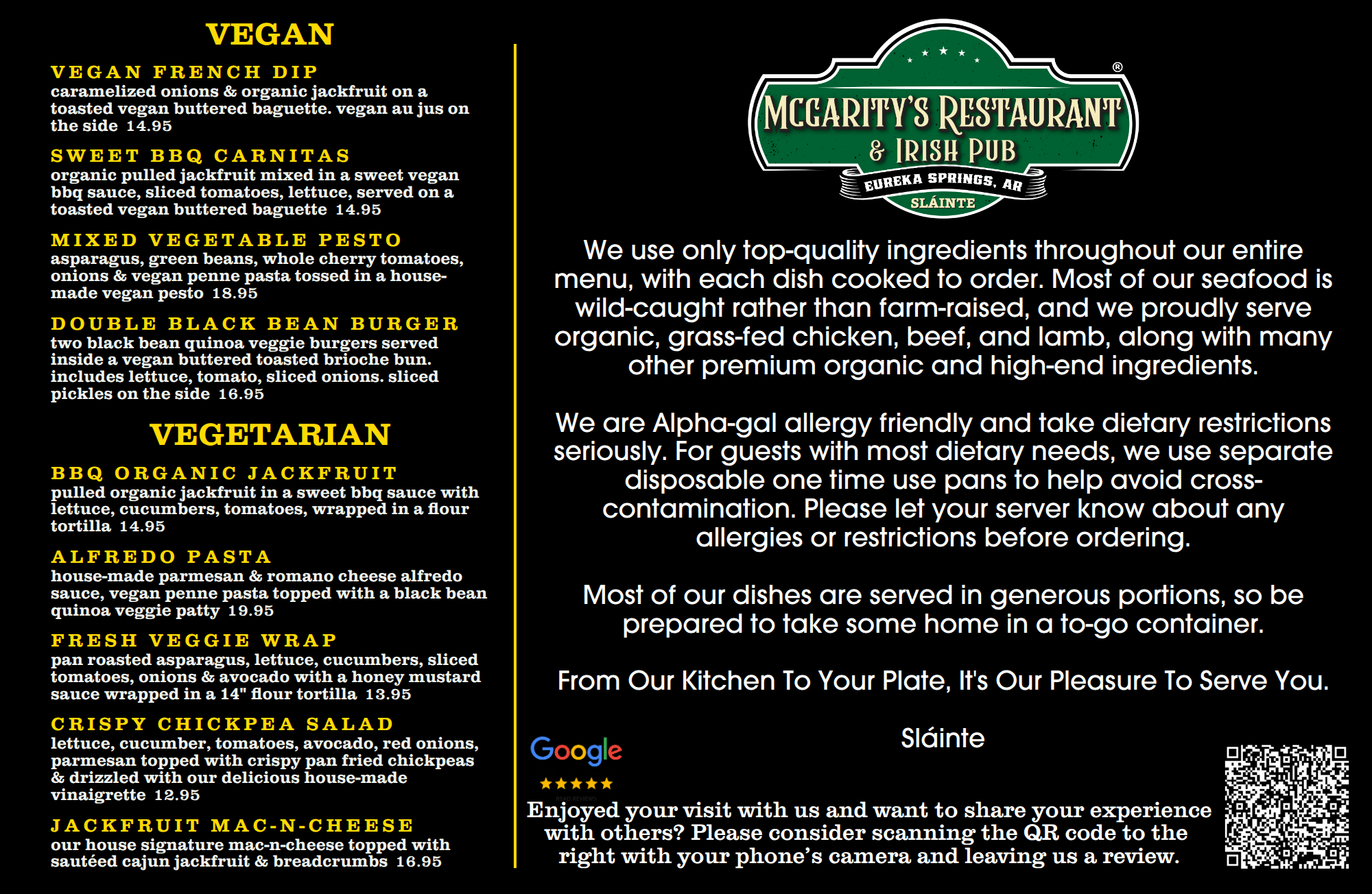 Main Menu of McGarity's Restaurant & Irish Pub. Starters, Herbivore, Seafood, Carnivore, Sandwiches. Many featured like Sheperd's Pie, Cottage Pie, Fish & Chips, Steaks, Salmon, Pork Chops, Cheese Burger, Rueben, Irish Rueben Egg Rolls, Quail Meddalt