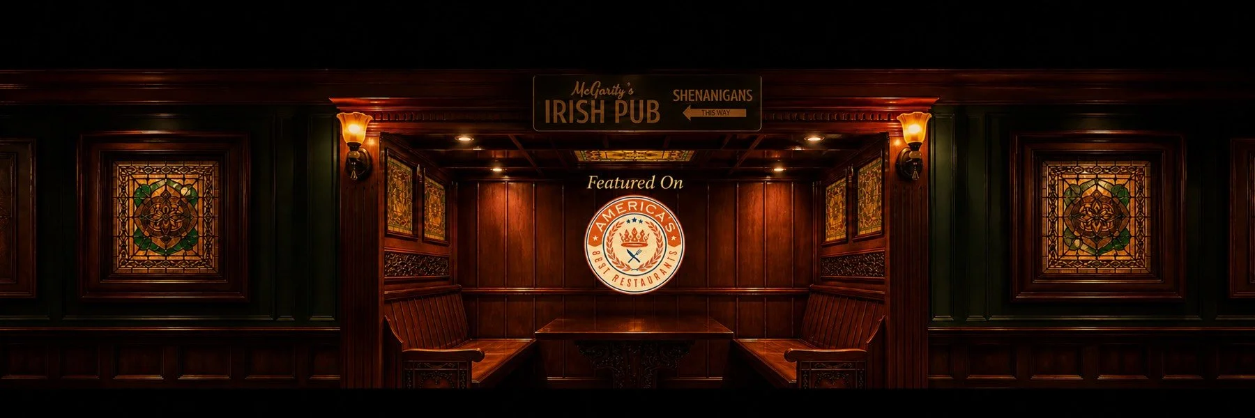 Interior of a dimly lit Irish pub named McGarity's Restaurant & Irish Pub with wooden paneled walls, stained glass decorations, and a sign indicating it's featured in America's Restaurants TV Show.