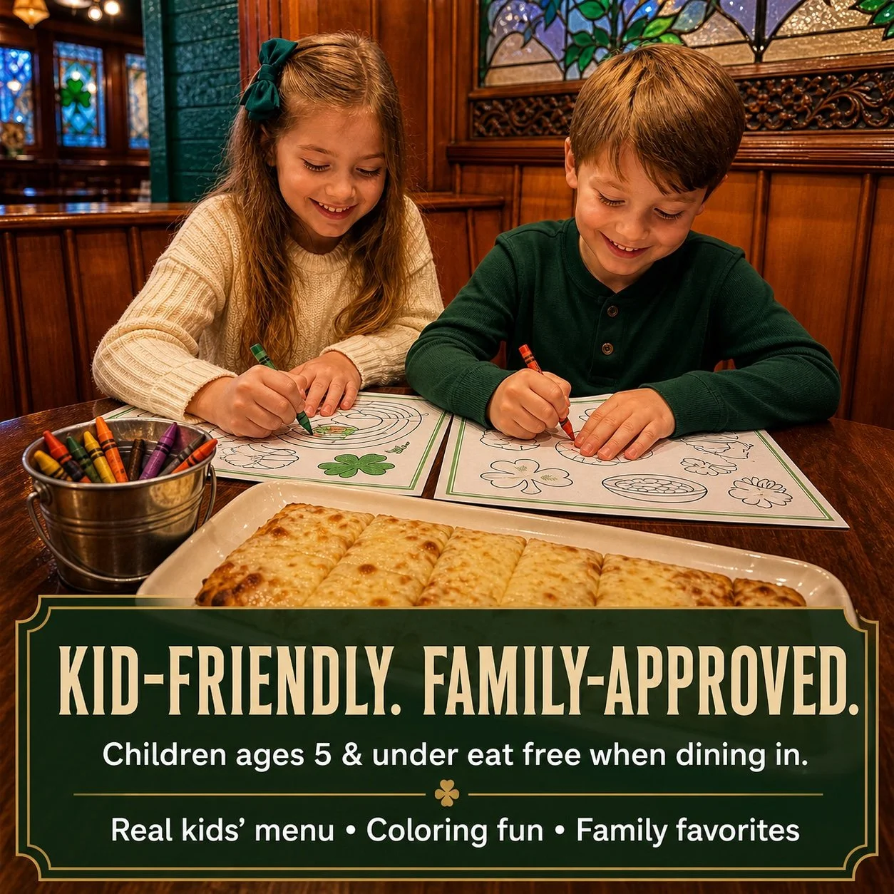 Children coloring at McGarity’s Restaurant & Irish Pub with cheese pizza and a sign noting kids 5 and under eat free when dining in.