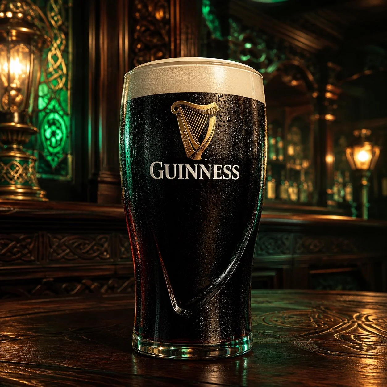 A glass of Guinness stout beer on a wooden table in a pub, with dark wood paneled walls, green stained glass, and ornate lighting fixtures in the background.