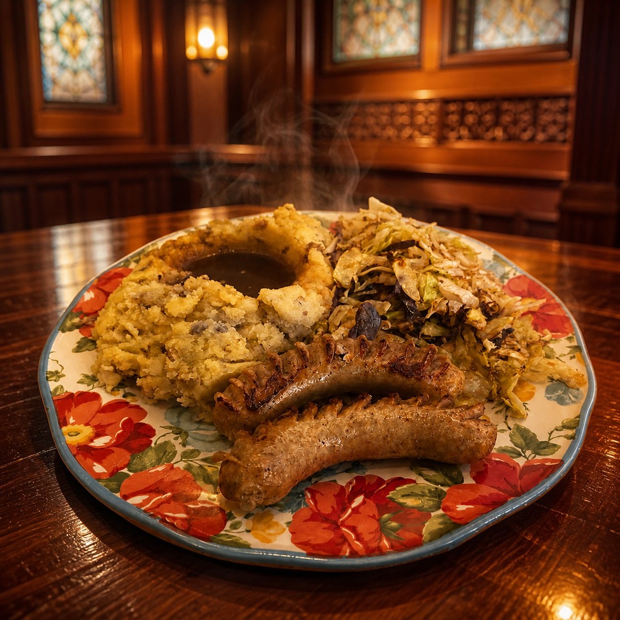 Steaming bangers and mash with vegetables and brown gravy on a floral plate in a warm Irish pub.