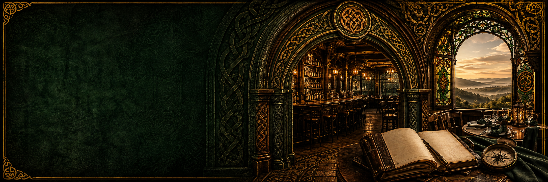 Emerald and gold Celtic arches frame a warmly lit Irish pub, an open travel journal, and the Ozark hills at sunset.