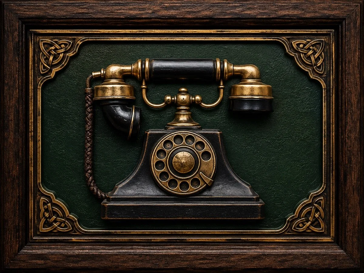 Vintage black and brass rotary telephone in an emerald green Celtic pub frame representing calls to McGarity’s Restaurant & Irish Pub at 479-363-6038.