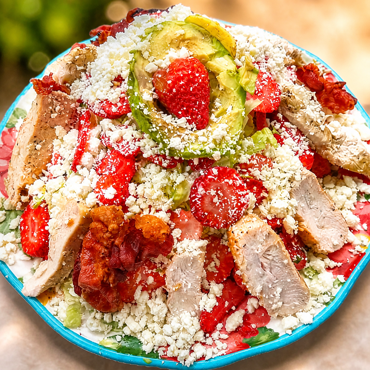 McGarity’s Strawberry Salad pictured with optional grilled chicken, strawberries, romaine lettuce, cucumbers, bacon, avocado, fresh jalapeño, and feta cheese.