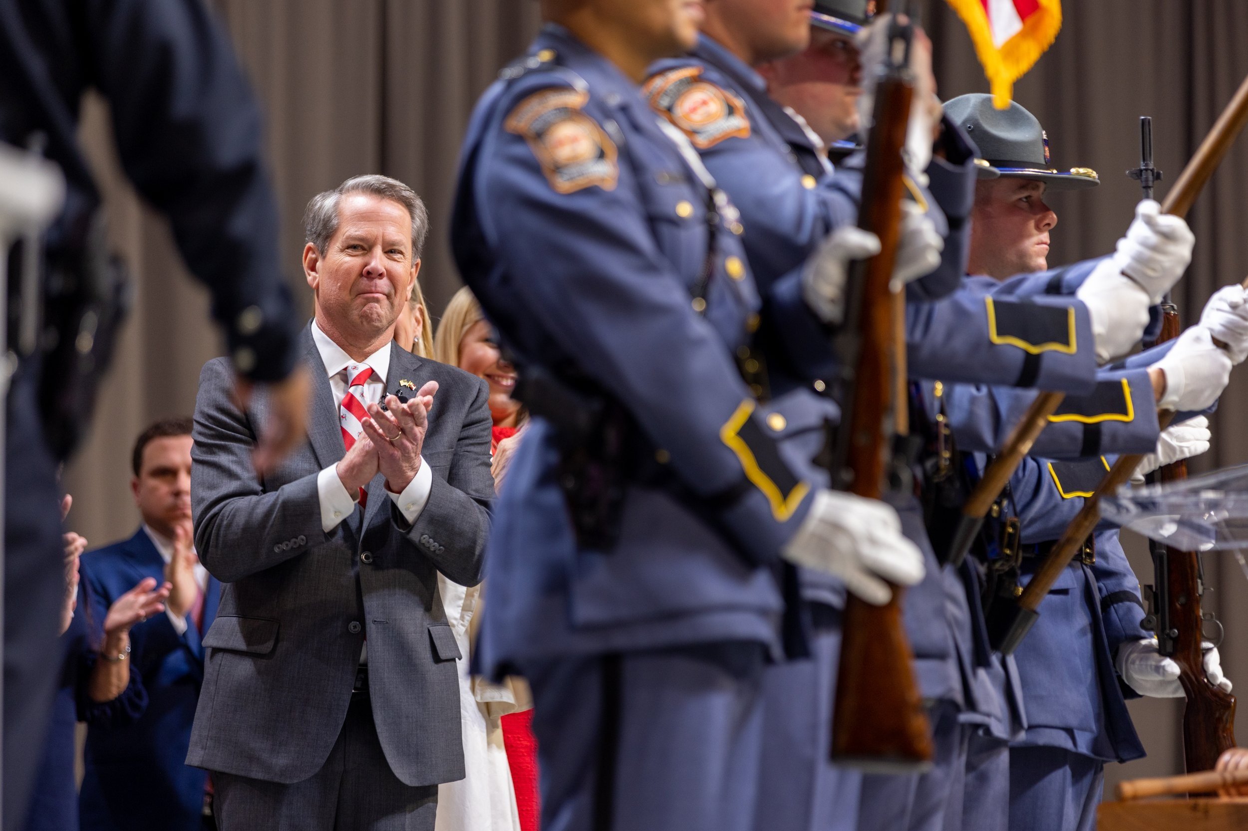  Gov. Brian Kemp claps during his inauguration ceremony at Georgia State Convocation Center in Atlanta on Thursday, January 12, 2023. 