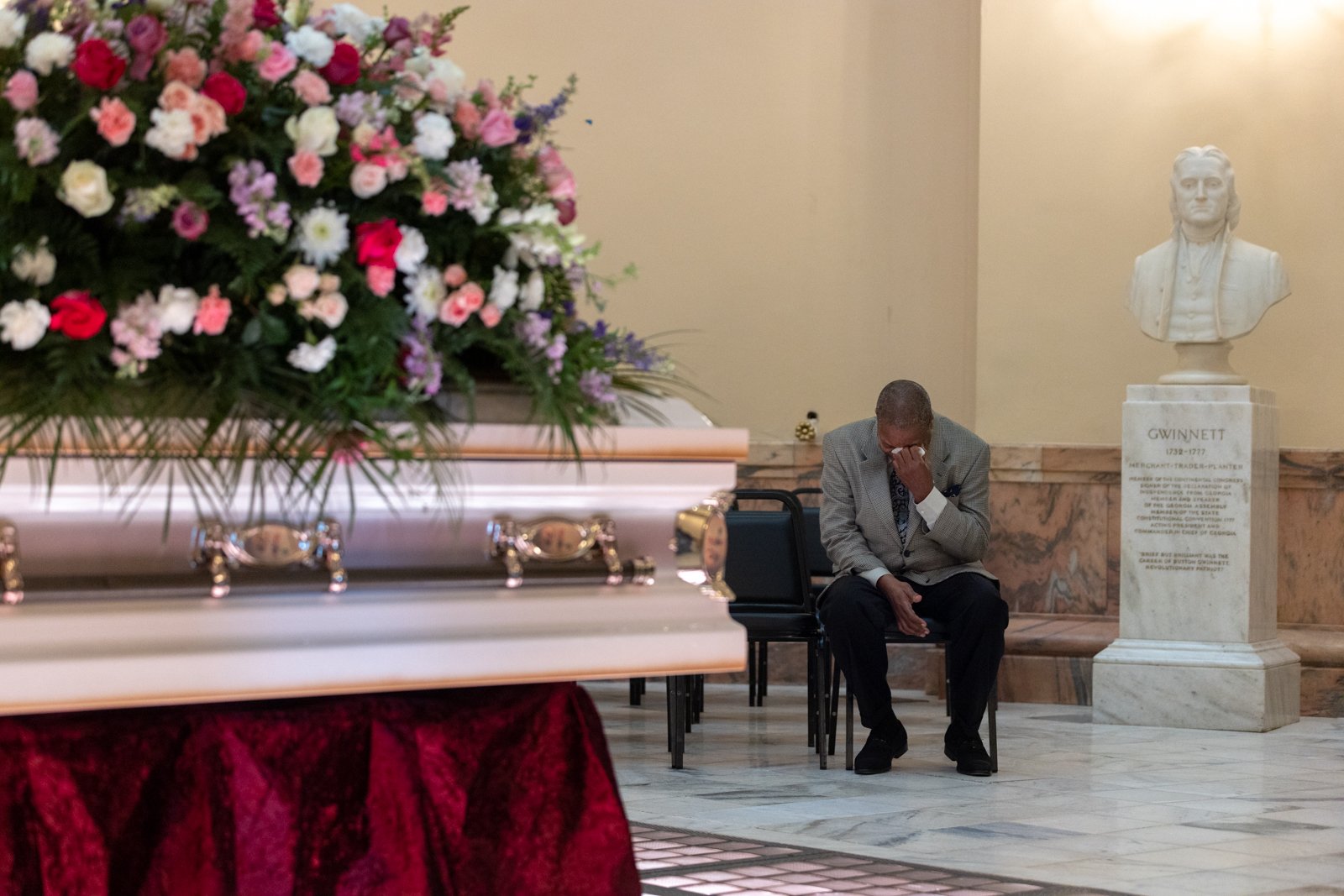  Robin Donaldson mourns his friend Christine King Farris, Martin Luther King Jr.’s sister, at the rotunda of the Capitol in Atlanta on Friday, July 14, 2023. 