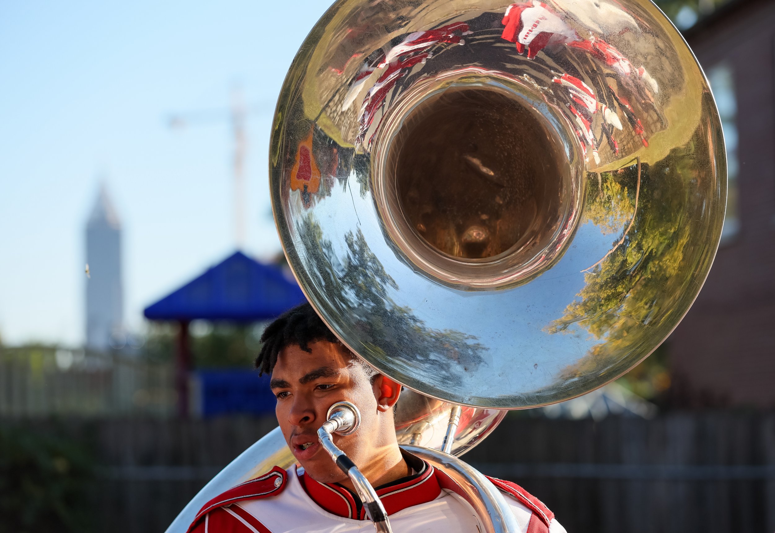  Dimani Dais, a tuba player for the Clark Atlanta University marching band, waits before the homecoming parade in Atlanta on Saturday, October 15, 2022. 