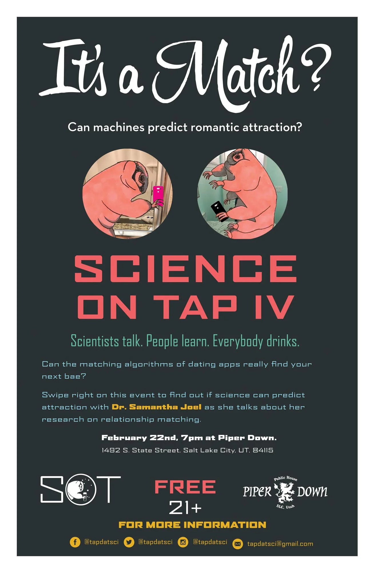 Can the matching algorithms of dating apps really find your next bae? Swipe right on this event to find out if science can predict attraction with Dr. Samantha Joel as she talks about her research on relationship matching.