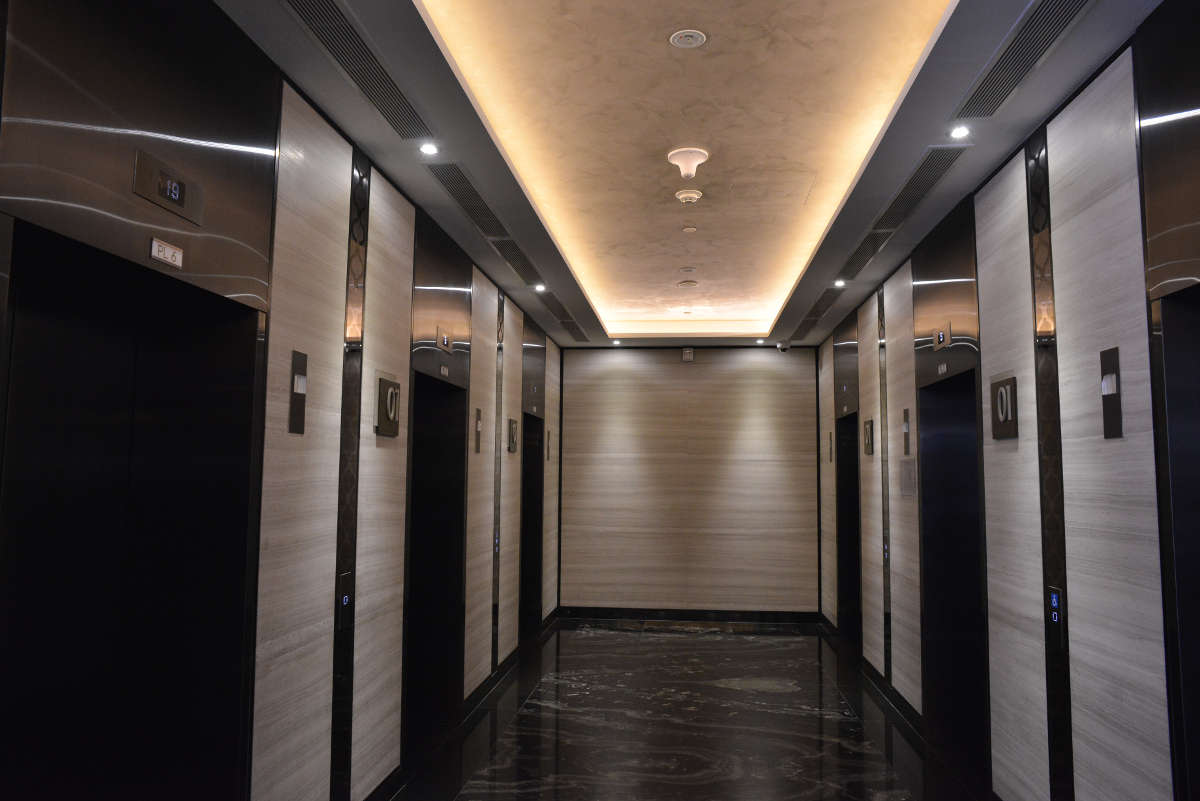 Boss Hotel - Armourcolour Perlata finish at lift lobby ceiling
