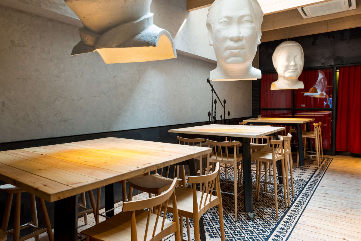 FOC Restaurant - Armourcoat stone-alike wall finish with Junckers ash timber flooring.