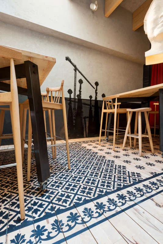 FOC Restaurant - Armourcoat stone-alike wall finish with Junckers ash timber flooring.