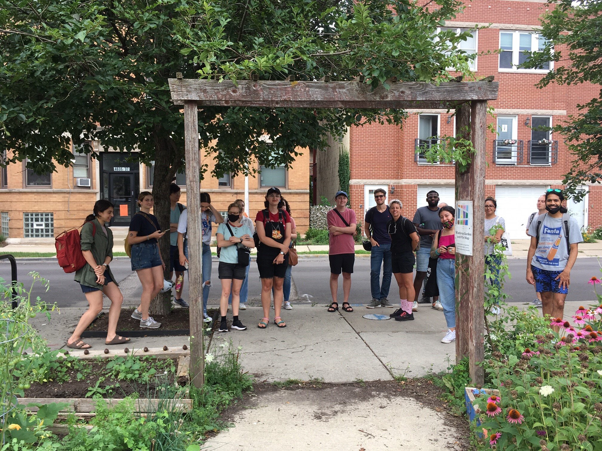  Incoming UIC Masters in Urban Planning and Policy Class touring Uptown guided by the Dis/Placements Vamonde Walking Tour and hosted by Prof. Rachel Weber, July 16, 2021. Image credit: Prof. Weber.  