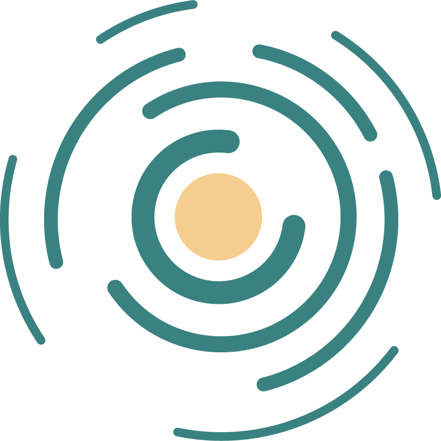Abstract representation of an atom with a central yellow nucleus and surrounding blue electron orbits.