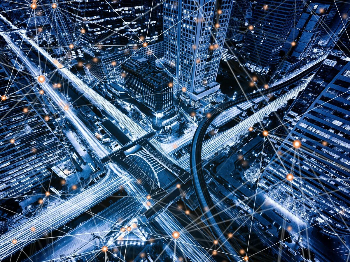 Aerial view of a junction laced with network connections