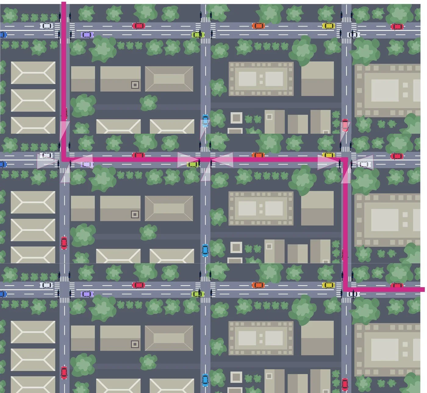 City map showing tracked vehicle journeys across junctions