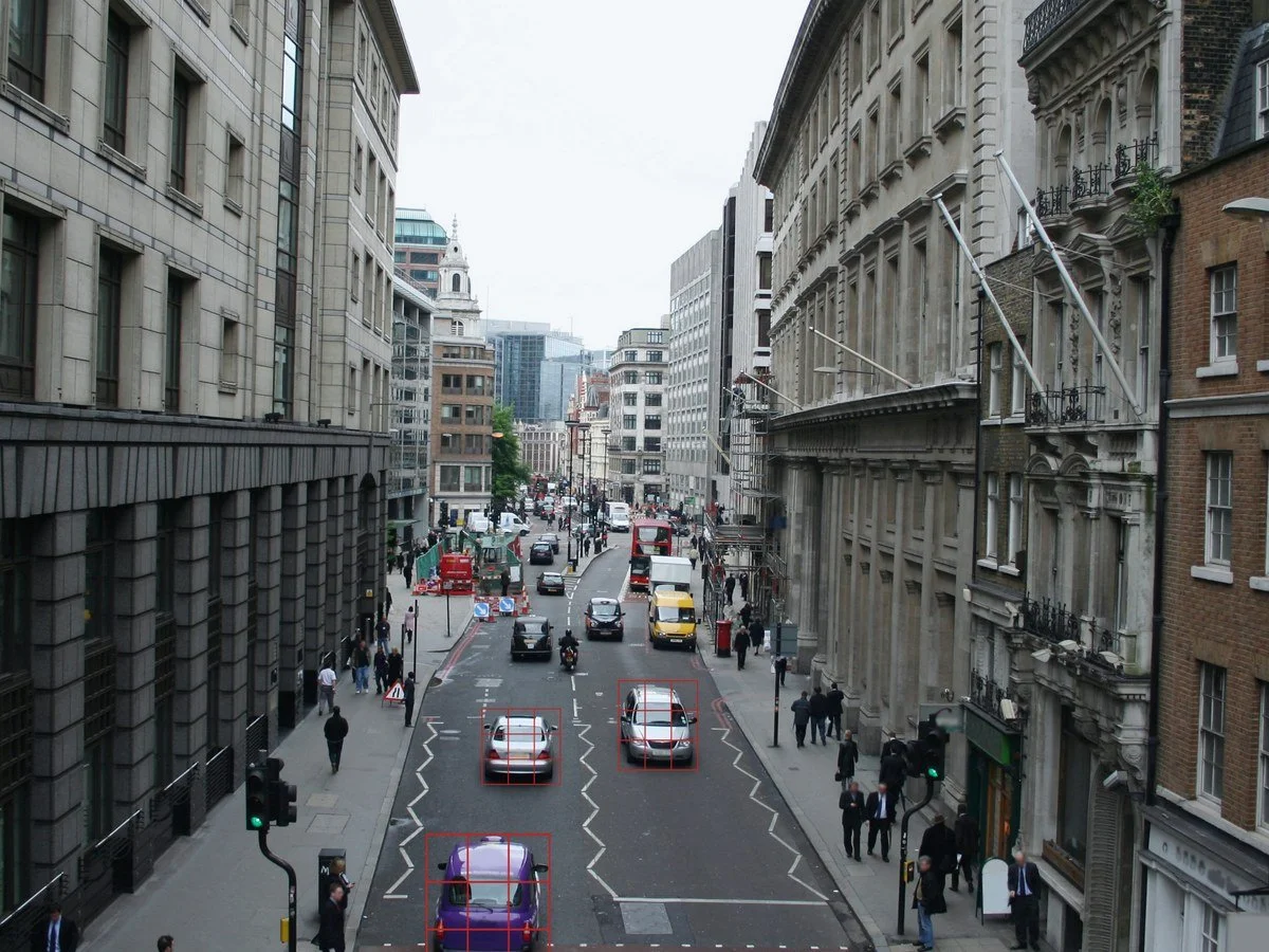 AI video analytics detecting road users on a street