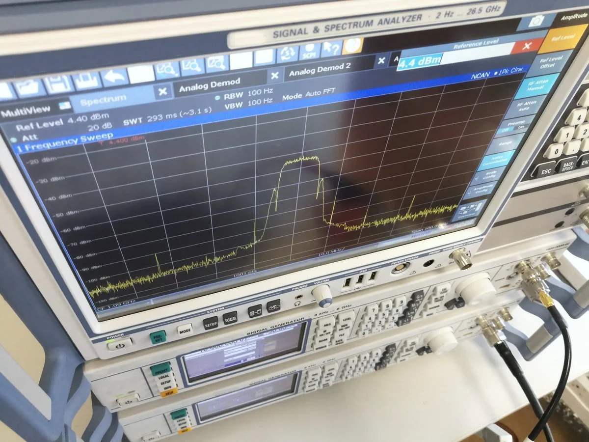 RF spectrum analyser on a wireless engineering bench